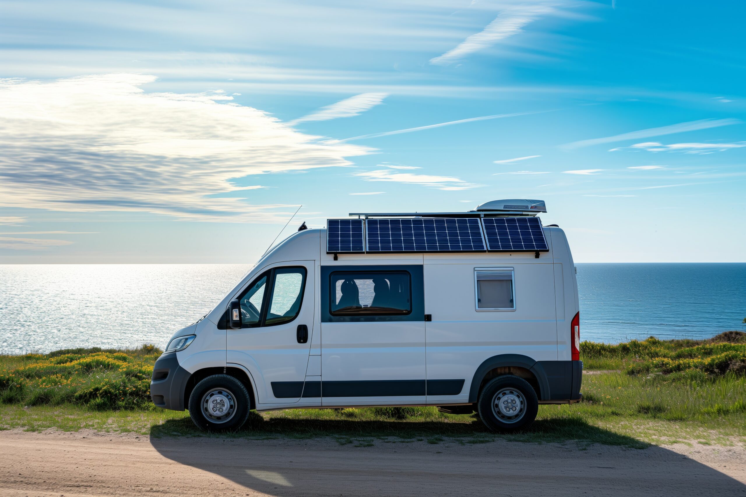 Camper Van Equipped With Solar Panels And Modern Technology For Sustainable Travel. Сoncept Sustainable Travel, Solar Powered Camper Van, Modern Technology, Eco-Friendly Adventures